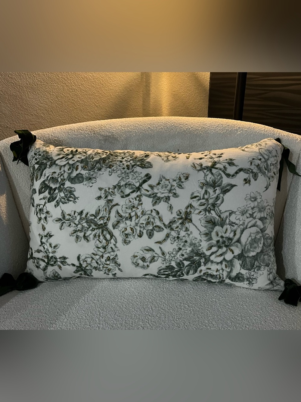 Laura Ashley Floral Toile Lumbar Pillow Green Velvet Bows 14x24 Gold Embroidery